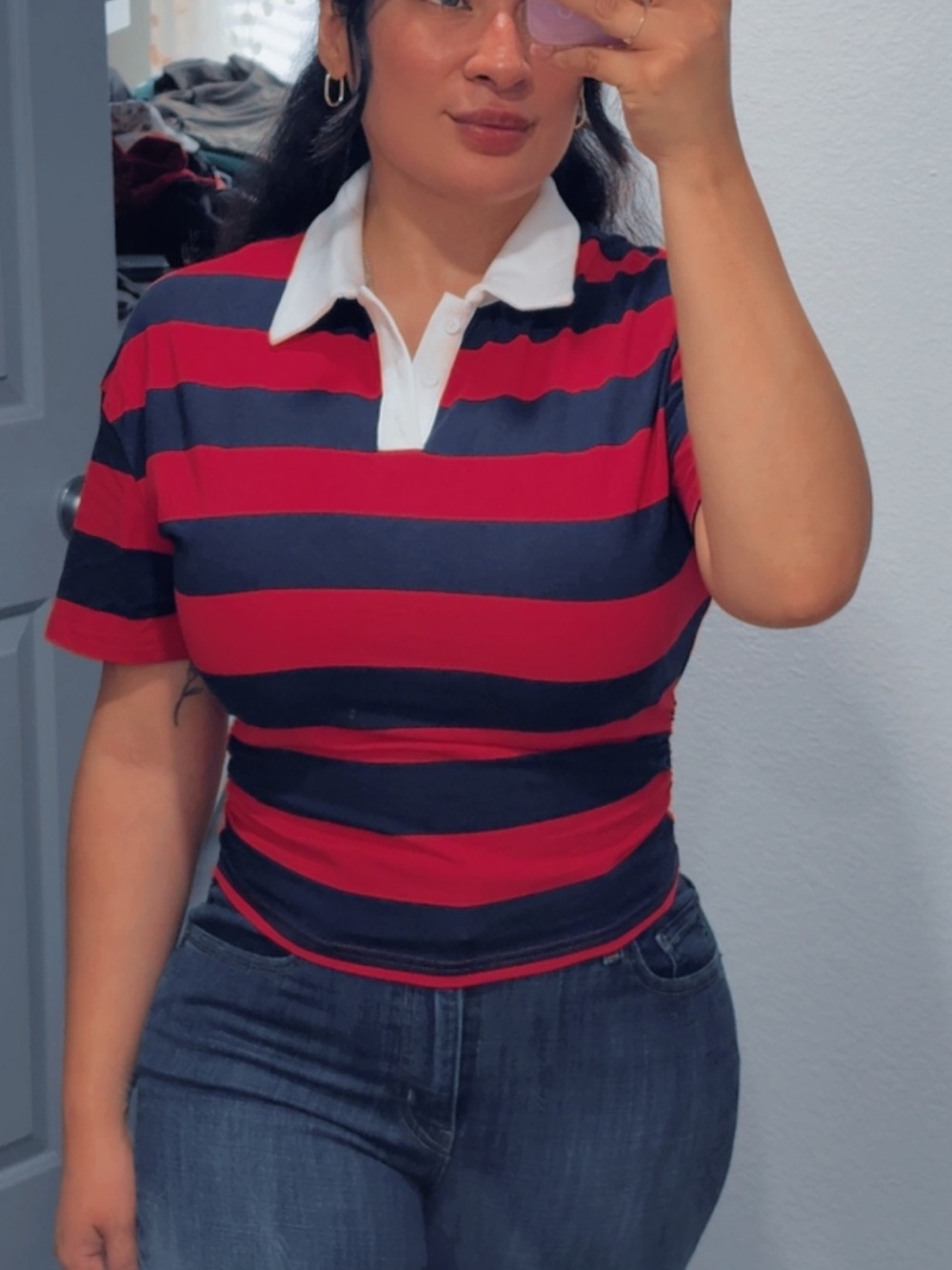Women's Red and Navy Striped Polo Top with White Collar